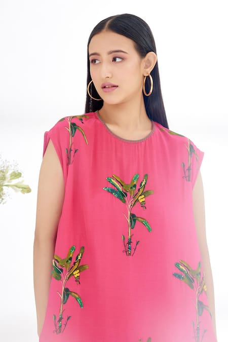 Shop_Nikasha_Fuchsia 100% Crepe Banana Tree Round Hand Painted Dress _Online_at_Aza_Fashions