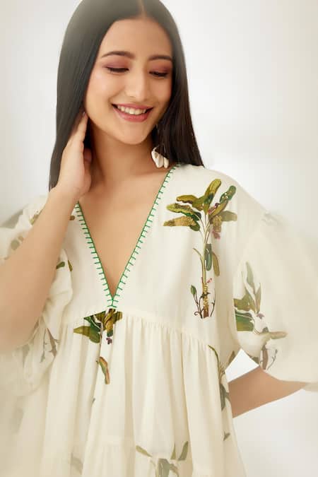 Buy_Nikasha_Off White Cotton Silk Banana Tree V Neck Hand Painted Dress 