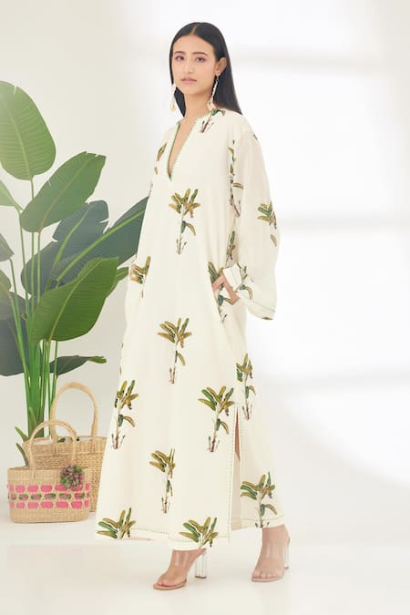 Buy_Nikasha_Off White Cotton Silk Banana Tree Notched Hand Painted Dress _Online_at_Aza_Fashions