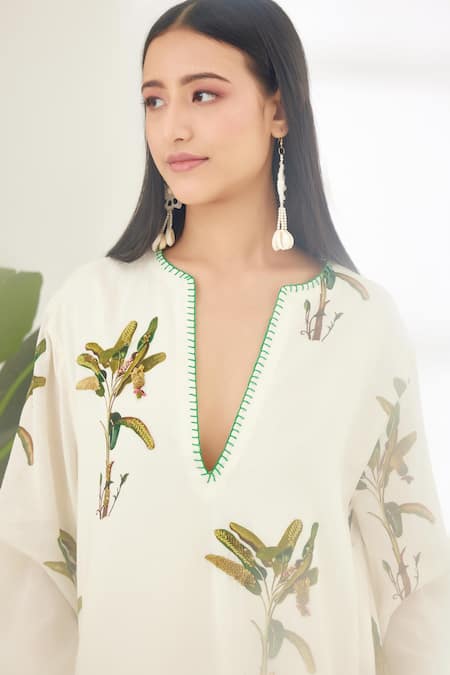 Nikasha_Off White Cotton Silk Banana Tree Notched Hand Painted Dress _at_Aza_Fashions