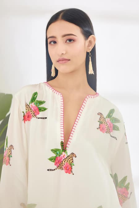 Buy_Nikasha_Off White 100% Crepe Cheetah Notched Hand Painted Dress _Online_at_Aza_Fashions