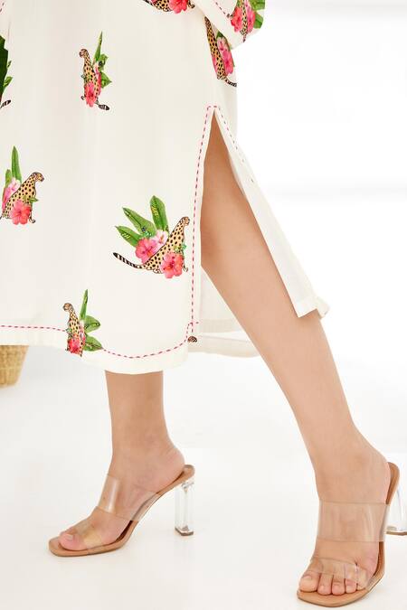 Shop_Nikasha_Off White 100% Crepe Cheetah Notched Hand Painted Dress _Online_at_Aza_Fashions