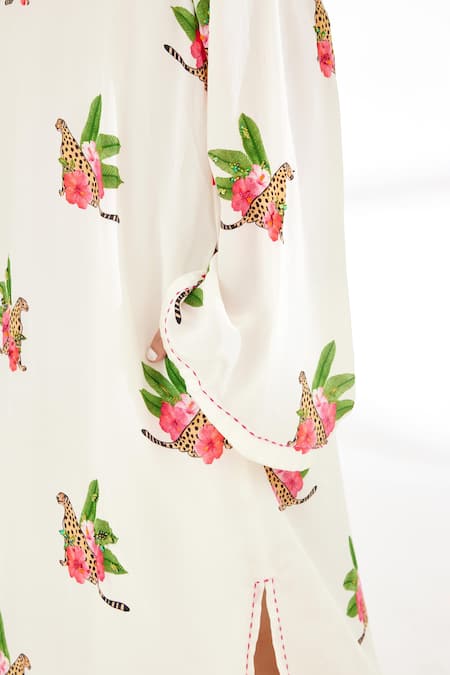 Nikasha_Off White 100% Crepe Cheetah Notched Hand Painted Dress _at_Aza_Fashions
