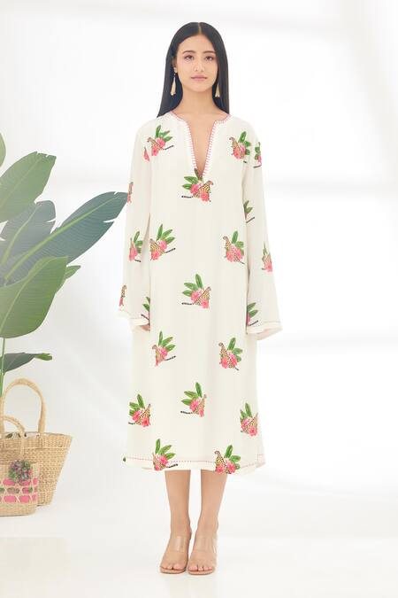 Nikasha_Off White 100% Crepe Cheetah Notched Hand Painted Dress _Online_at_Aza_Fashions