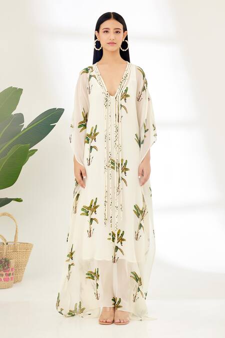 Nikasha_Off White Georgette Banana Tree V Neck Hand Painted Kaftan _Online_at_Aza_Fashions