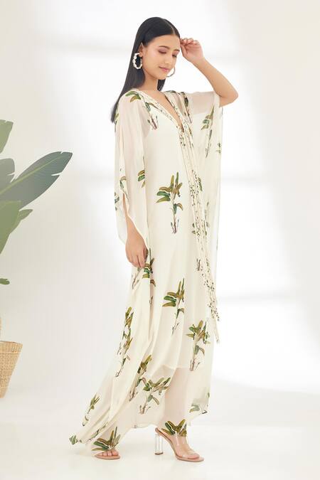 Buy_Nikasha_Off White Georgette Banana Tree V Neck Hand Painted Kaftan _Online_at_Aza_Fashions