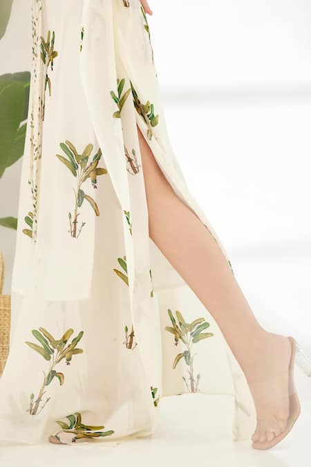Nikasha_Off White Georgette Banana Tree V Neck Hand Painted Kaftan _at_Aza_Fashions