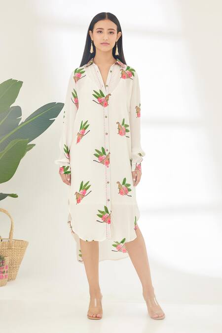 Nikasha_Off White 100% Crepe Cheetah Collared Neck Hand Painted Shirt Dress _Online_at_Aza_Fashions