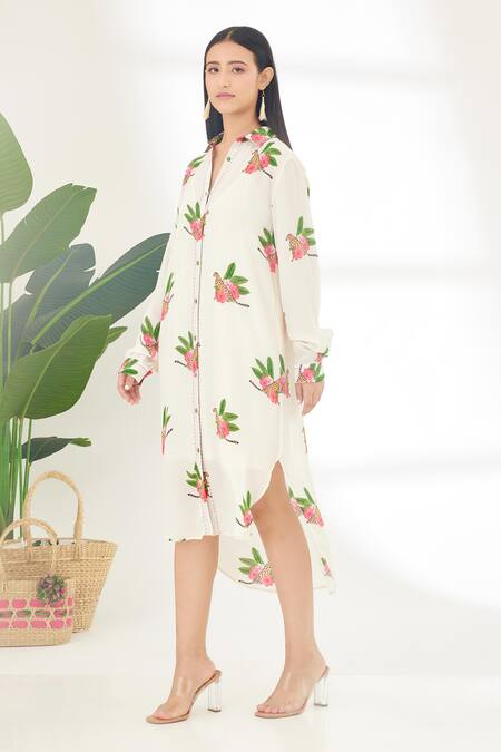 Buy_Nikasha_Off White 100% Crepe Cheetah Collared Neck Hand Painted Shirt Dress _Online_at_Aza_Fashions