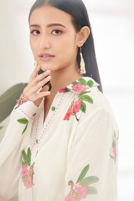 Nikasha_Off White 100% Crepe Cheetah Collared Neck Hand Painted Shirt Dress _at_Aza_Fashions
