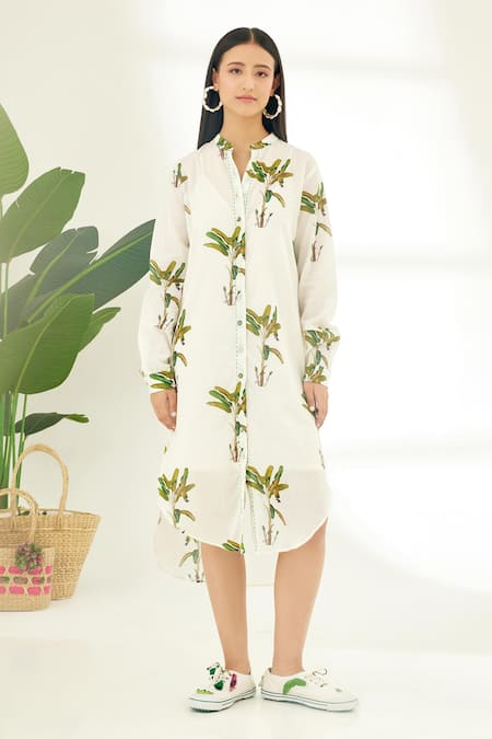 Nikasha_Off White 100% Cotton Banana Tree Mandarin Collar Hand Painted Dress _Online_at_Aza_Fashions