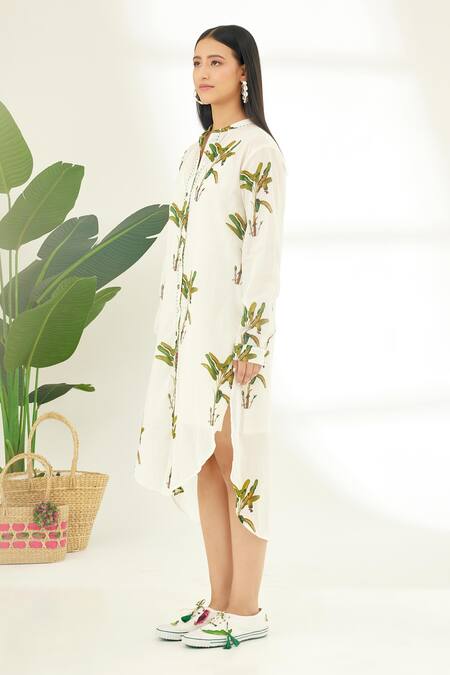 Buy_Nikasha_Off White 100% Cotton Banana Tree Mandarin Collar Hand Painted Dress _Online_at_Aza_Fashions