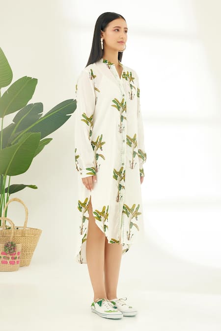 Shop_Nikasha_Off White 100% Cotton Banana Tree Mandarin Collar Hand Painted Dress _Online_at_Aza_Fashions