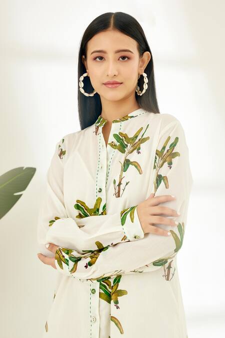Nikasha_Off White 100% Cotton Banana Tree Mandarin Collar Hand Painted Dress _at_Aza_Fashions