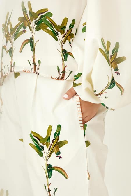 Shop_Nikasha_Off White Cotton Poplin Banana Tree Round Hand Painted Bubble Sleeve Top _Online_at_Aza_Fashions