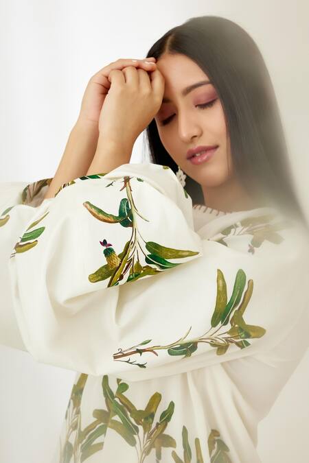Nikasha_Off White Cotton Poplin Banana Tree Round Hand Painted Bubble Sleeve Top _at_Aza_Fashions