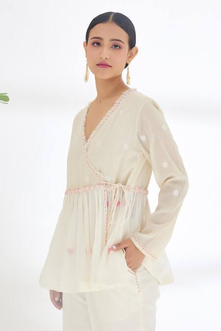 Buy_Nikasha_Cream Handwoven Jamdani Cotton Polka Dots V Neck Wrap Top _Online_at_Aza_Fashions