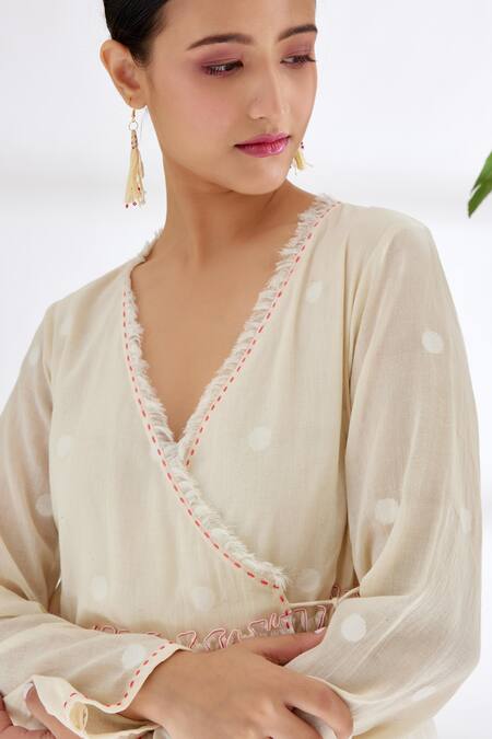 Shop_Nikasha_Cream Handwoven Jamdani Cotton Polka Dots V Neck Wrap Top _Online_at_Aza_Fashions