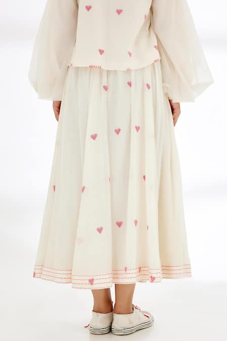 Buy_Nikasha_Cream Handwoven Jamdani Cotton Heart Pattern And Running Stitch Details Skirt _Online_at_Aza_Fashions