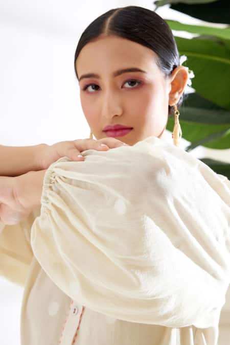 Shop_Nikasha_Cream Handwoven Jamdani Cotton Polka Dots, Heart Pattern And Running Stitch Tunic _Online_at_Aza_Fashions