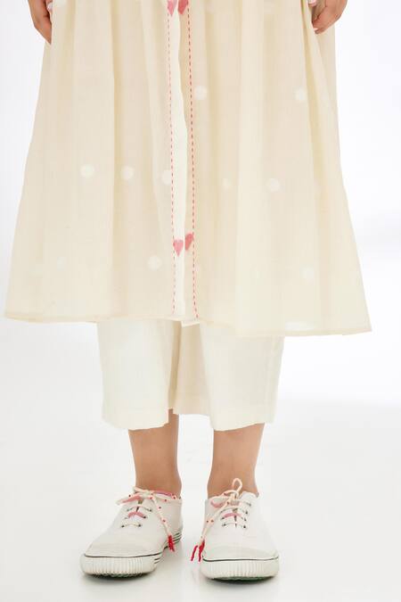 Nikasha_Cream Handwoven Jamdani Cotton Polka Dots, Heart Pattern And Running Stitch Tunic _at_Aza_Fashions