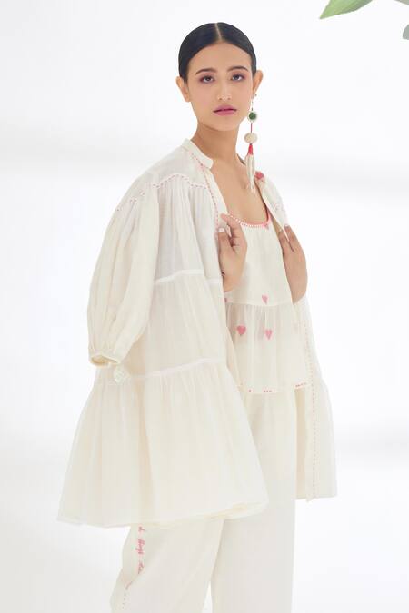 Shop_Nikasha_Cream Handwoven Jamdani Cotton Polka Dots, Heart Reversible Tiered Jacket _Online_at_Aza_Fashions