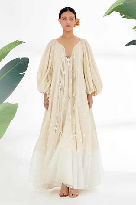 Shop_Nikasha_Cream Handwoven Jamdani Cotton Polka Dots, Heart Pattern And Running Stitch Dress _Online_at_Aza_Fashions