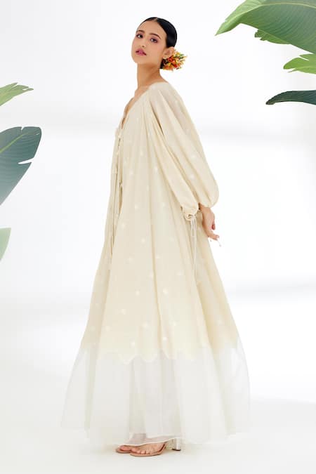 Nikasha_Cream Handwoven Jamdani Cotton Polka Dots, Heart Pattern And Running Stitch Dress _at_Aza_Fashions