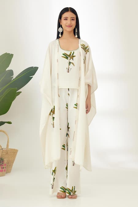Shop_Nikasha_Off White Handwoven Cotton Sequin, Banana Tree Print, Thread And Hand Kaftan _Online_at_Aza_Fashions