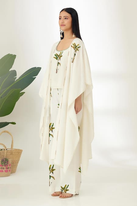 Nikasha_Off White Handwoven Cotton Sequin, Banana Tree Print, Thread And Hand Kaftan _at_Aza_Fashions