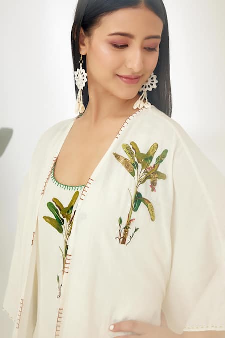 Nikasha_Off White Handwoven Cotton Sequin, Banana Tree Print, Thread And Hand Kaftan _Online_at_Aza_Fashions