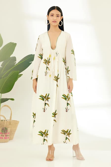 Buy_Nikasha_Off White 100% Crepe Sequin, Banana Tree Print, Thread And Hand Painted Dress _Online_at_Aza_Fashions