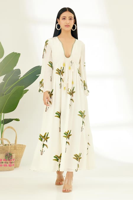Shop_Nikasha_Off White 100% Crepe Sequin, Banana Tree Print, Thread And Hand Painted Dress _Online_at_Aza_Fashions