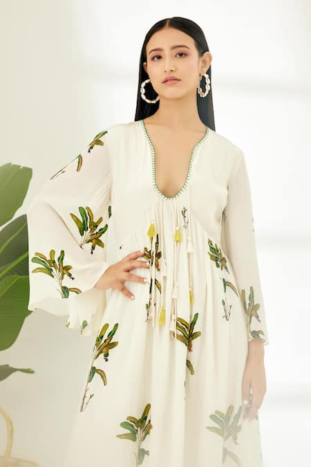 Shop_Nikasha_Off White 100% Crepe Sequin, Banana Tree Print, Thread And Hand Painted Dress 