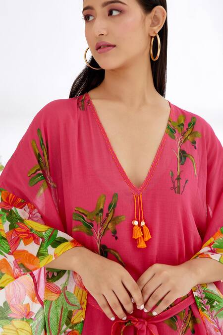 Nikasha_Fuchsia 100% Cotton Banana Fruit Tree Print And Stitch Details V Neck Kaftan _at_Aza_Fashions