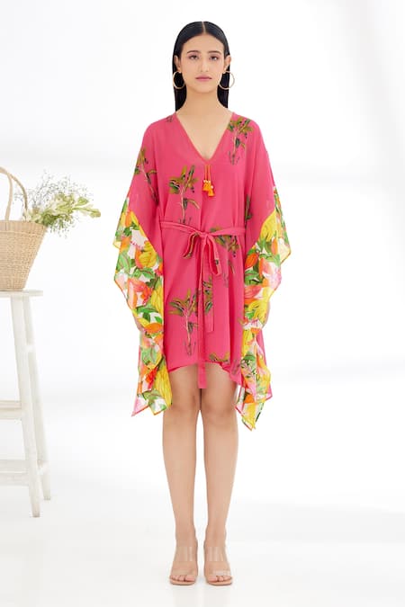 Nikasha_Fuchsia 100% Cotton Banana Fruit Tree Print And Stitch Details V Neck Kaftan _Online_at_Aza_Fashions