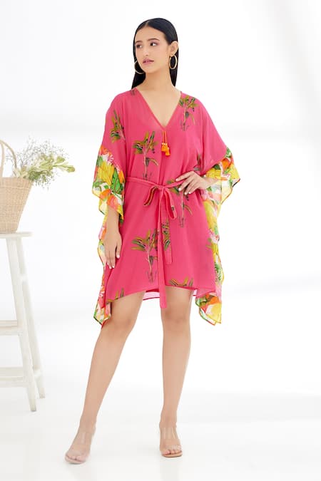 Buy_Nikasha_Fuchsia 100% Cotton Banana Fruit Tree Print And Stitch Details V Neck Kaftan _Online_at_Aza_Fashions