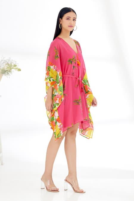 Shop_Nikasha_Fuchsia 100% Cotton Banana Fruit Tree Print And Stitch Details V Neck Kaftan _Online_at_Aza_Fashions