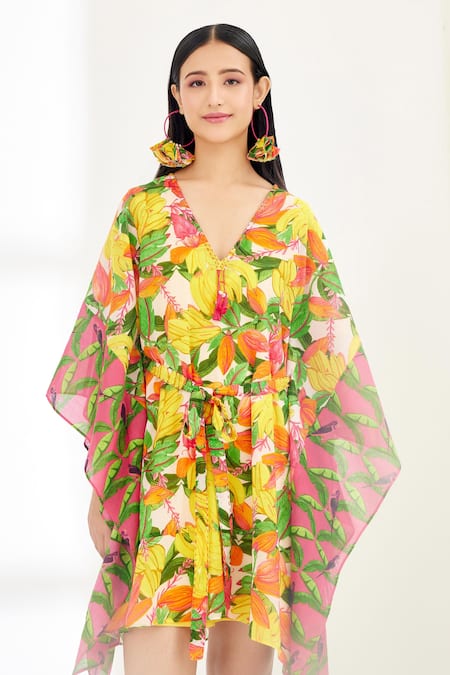 Buy_Nikasha_Yellow 100% Cotton Banana Fruit Tree Print And Stitch Details V Neck Kaftan _Online_at_Aza_Fashions