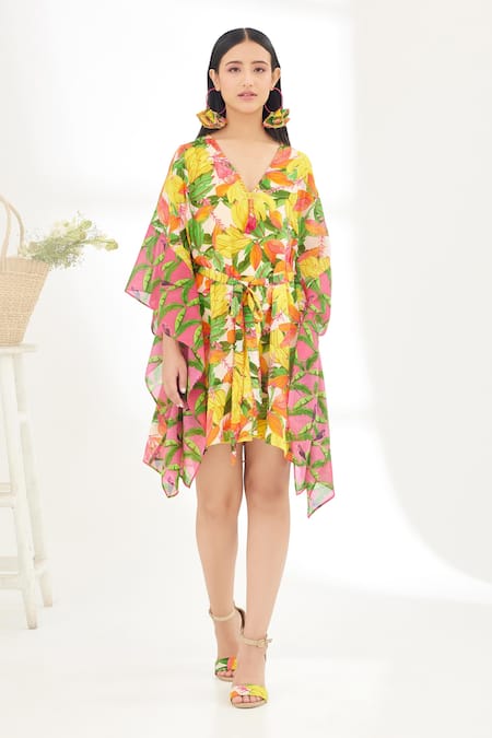 Buy Yellow 100% Cotton Painted Print And Embroidered Banana Kaftan 