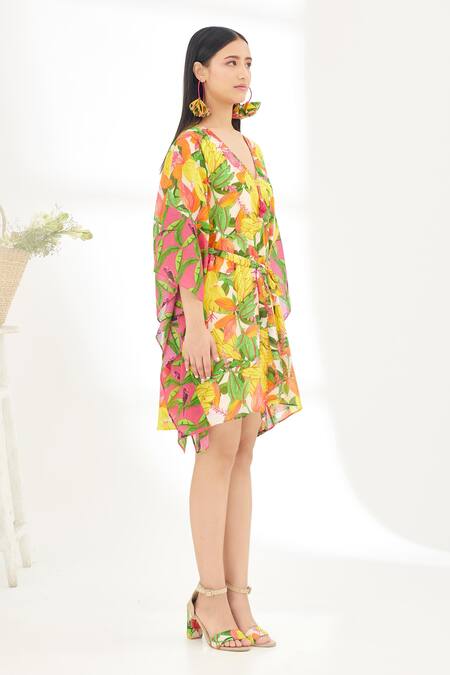 Buy_Nikasha_Yellow 100% Cotton Banana Fruit Tree Print And Stitch Details V Neck Kaftan 
