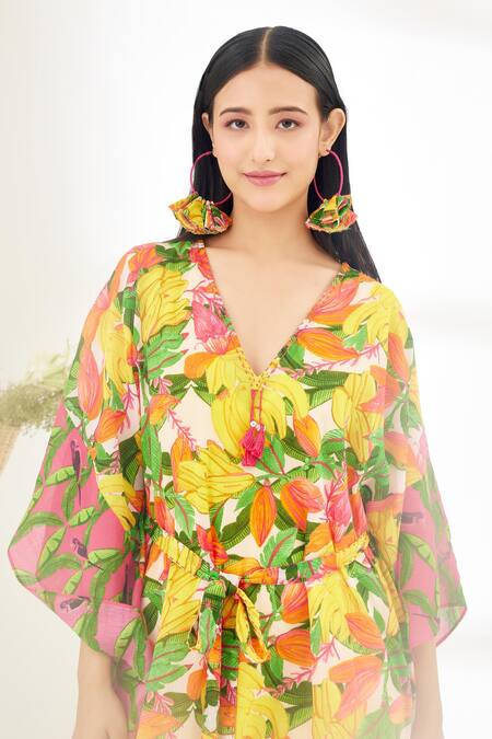 Shop_Nikasha_Yellow 100% Cotton Banana Fruit Tree Print And Stitch Details V Neck Kaftan 