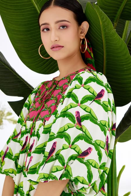 Nikasha_Off White 100% Crepe Leaf Print, Parakeet, Sequin And Hand Painted Tiered Dress _at_Aza_Fashions