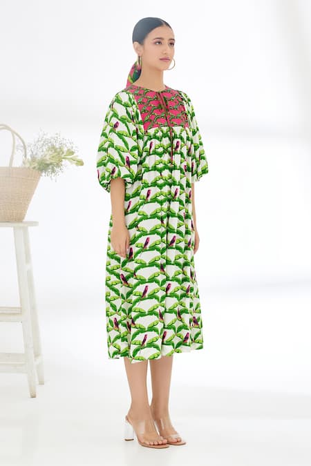 Nikasha_Off White 100% Crepe Leaf Print, Parakeet, Sequin And Hand Painted Tiered Dress _Online_at_Aza_Fashions