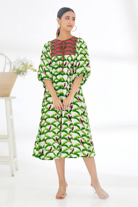 Buy_Nikasha_Off White 100% Crepe Leaf Print, Parakeet, Sequin And Hand Painted Tiered Dress _Online_at_Aza_Fashions