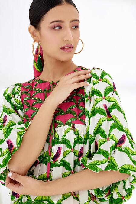 Shop_Nikasha_Off White 100% Crepe Leaf Print, Parakeet, Sequin And Hand Painted Tiered Dress _Online_at_Aza_Fashions