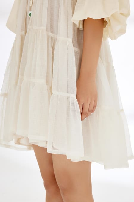 Shop_Nikasha_Cream Handwoven Jamdani Cotton Deep V Neck Tiered Dress _Online_at_Aza_Fashions