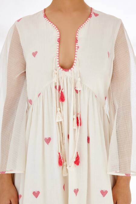 Nikasha_Cream Handwoven Jamdani Cotton Heart Pattern And Running Stitch Details Dress _at_Aza_Fashions