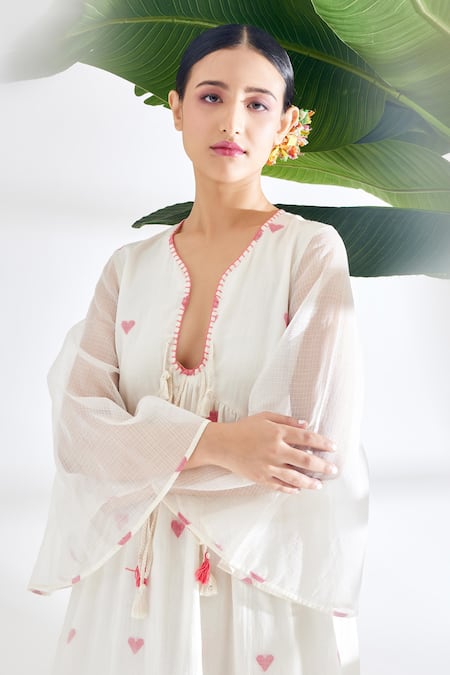Shop_Nikasha_Cream Handwoven Jamdani Cotton Heart Pattern And Running Stitch Details Dress _Online_at_Aza_Fashions