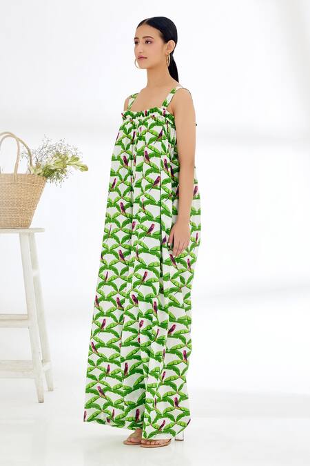 Nikasha_Off White 100% Cotton Parakeet And Leaf Print Square Neck Hand Painted Jumpsuit _Online_at_Aza_Fashions